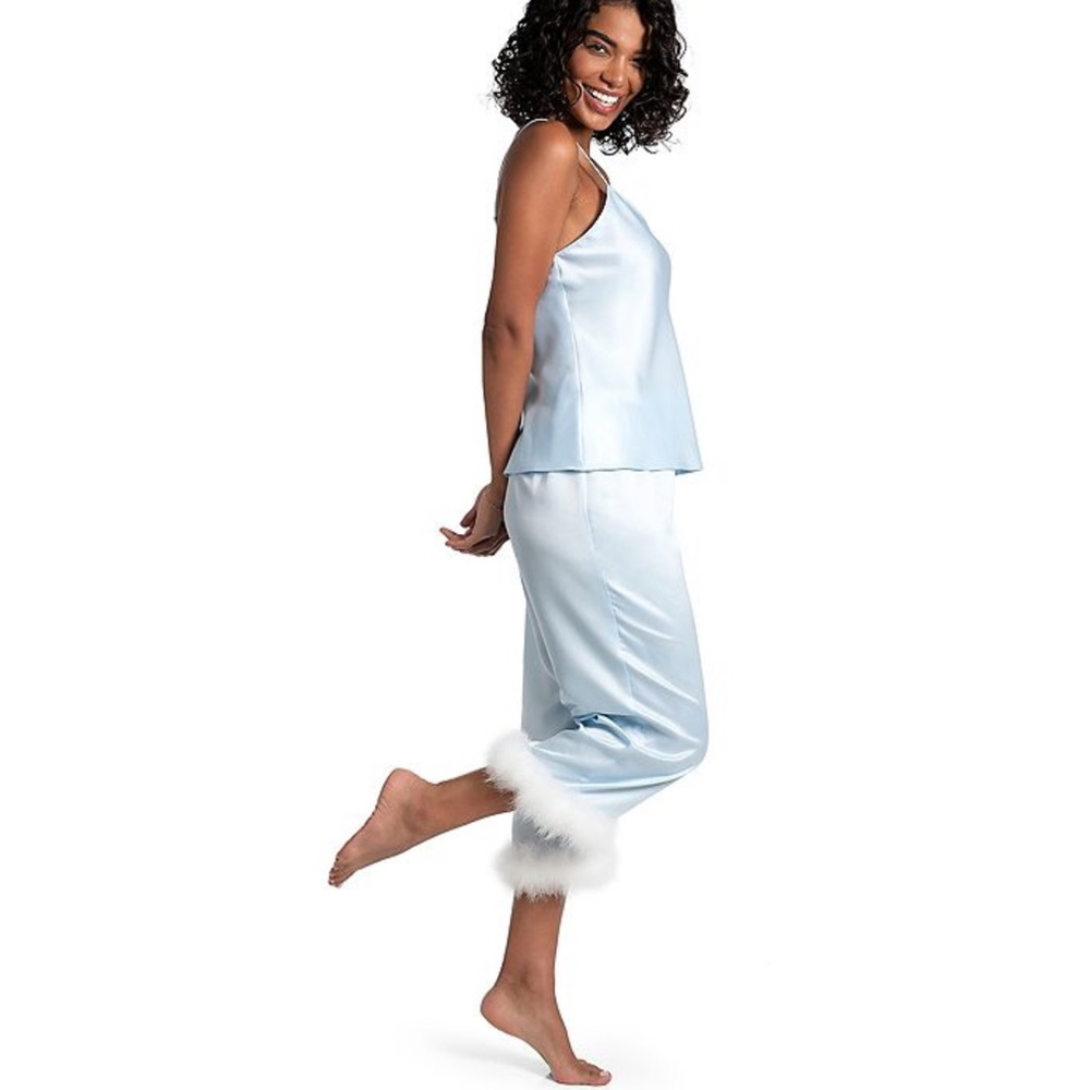 Lilac+London Women’s 2-pc. Satin PJ Cami &
Cropped Pants Sleep Feather like trim